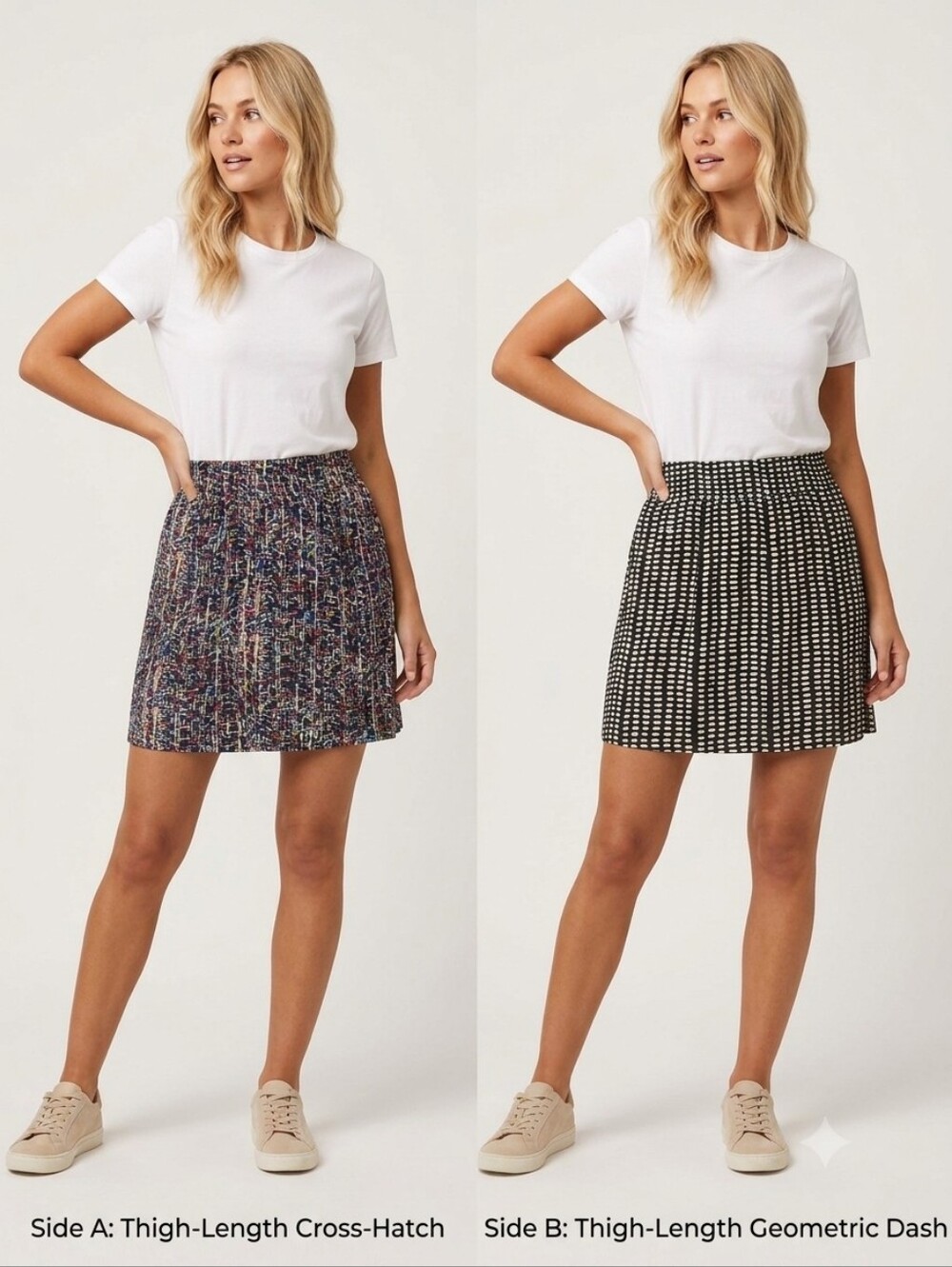 Reversible pull-on Skirt two looks in one, crosshatch & geometric print Size 16